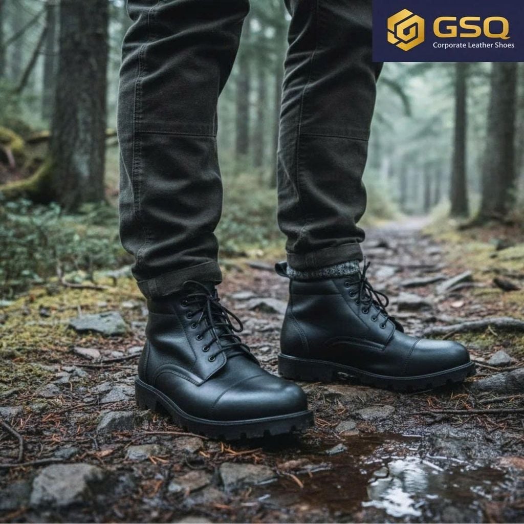 Giày Boot Nam Thấp Cổ Da Thật Đế Cao Su Khâu Đế Màu Đen Nam Tính