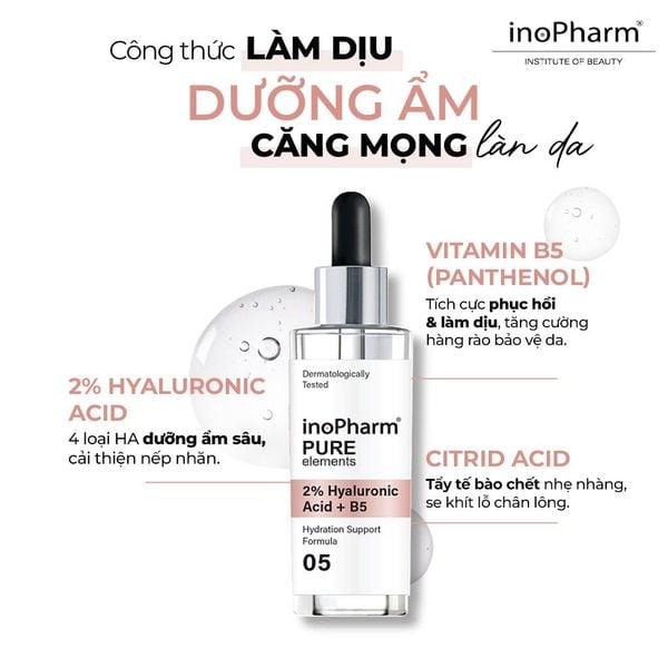 Tinh chất làm dịu, dưỡng ấm & căng mọng da InoPharm Pure Elements Facial Serum with 2% Hyaluronic Acid + Vitamin B5