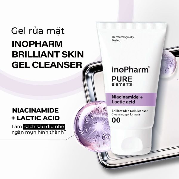Sữa rửa mặt dưỡng ẩm & sáng da Inopharm Brilliant Skin Gel Cleanser with Niacinamide + Lactic Acid