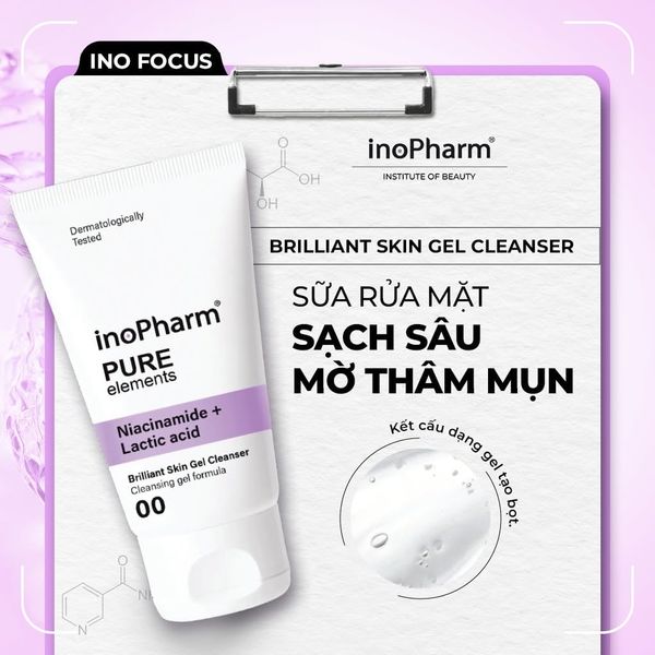 Sữa rửa mặt dưỡng ẩm & sáng da Inopharm Brilliant Skin Gel Cleanser with Niacinamide + Lactic Acid