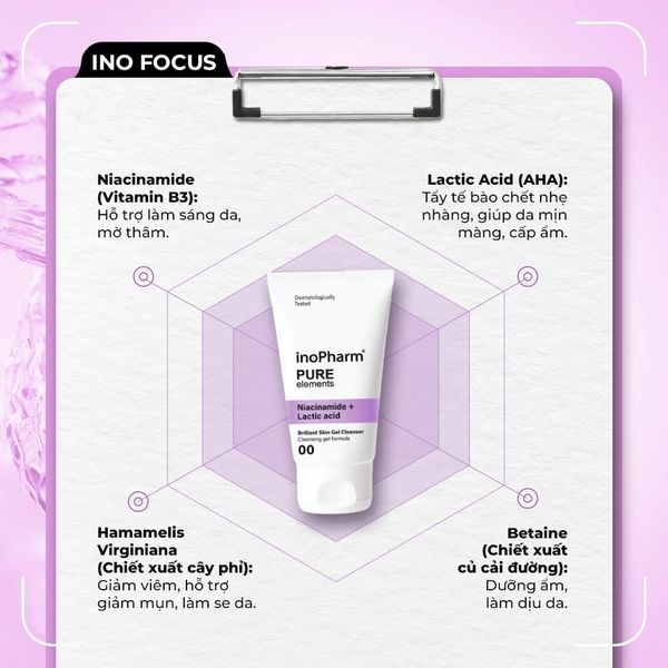 Sữa rửa mặt dưỡng ẩm & sáng da Inopharm Brilliant Skin Gel Cleanser with Niacinamide + Lactic Acid