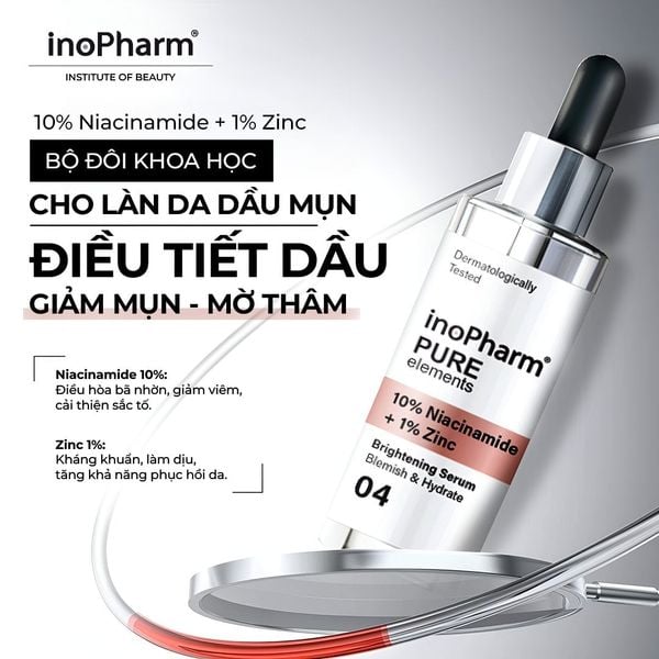Tinh chất dưỡng ẩm, giảm mụn & sáng da InoPharm Pure Elements Facial Serum with 10% Niacinamide + 1% Zinc