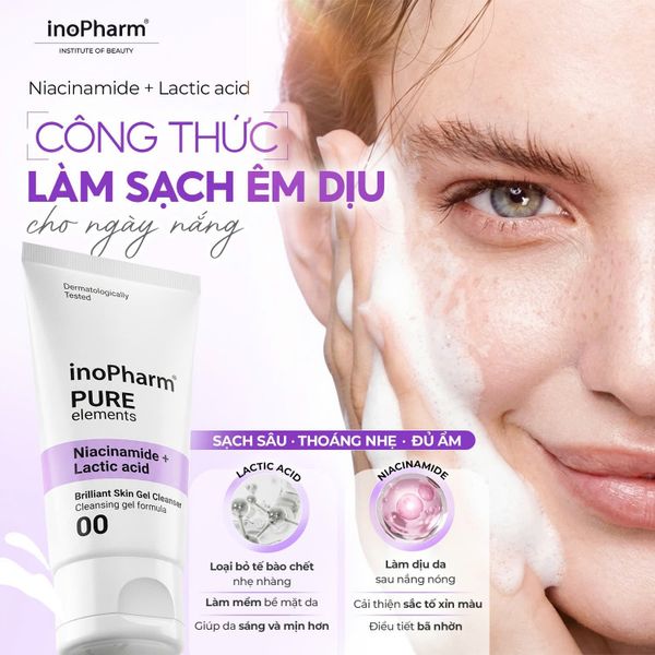 Sữa rửa mặt dưỡng ẩm & sáng da Inopharm Brilliant Skin Gel Cleanser with Niacinamide + Lactic Acid