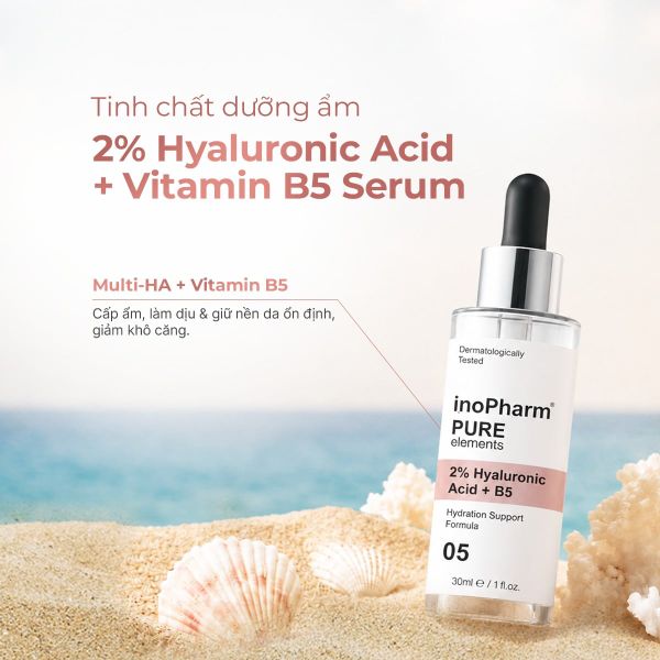 Tinh chất làm dịu, dưỡng ấm & căng mọng da InoPharm Pure Elements Facial Serum with 2% Hyaluronic Acid + Vitamin B5