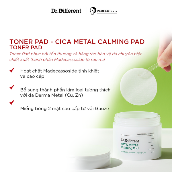 Toner pad làm dịu và phục hồi da Dr.Different CICA Metal Calming Pad