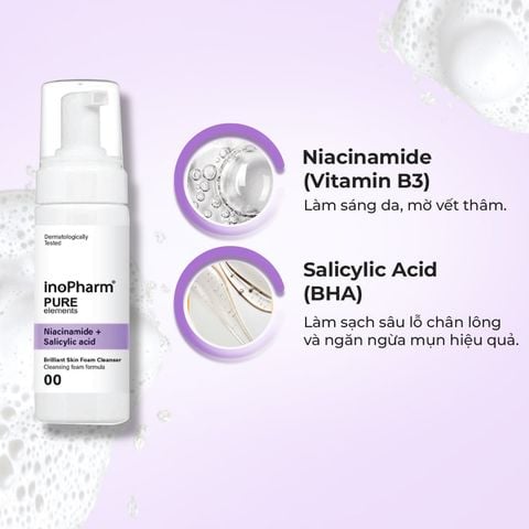 Sữa rửa mặt tạo bọt sáng da & ngừa mụn Inopharm Brilliant Skin Foam Cleanser with Niacinamide + Salicylic Acid