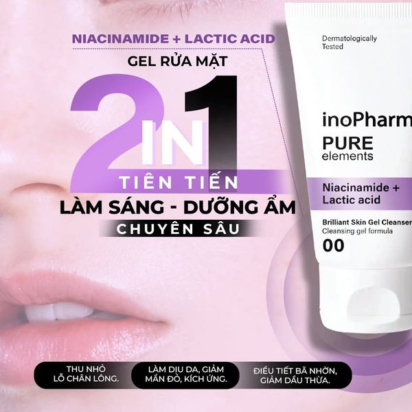 Sữa rửa mặt dưỡng ẩm & sáng da Inopharm Brilliant Skin Gel Cleanser with Niacinamide + Lactic Acid