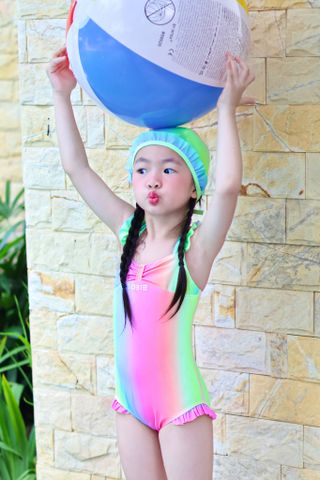  Đồ bơi một mảnh bé gái kèm mũ chống nắng Cầu Vồng 