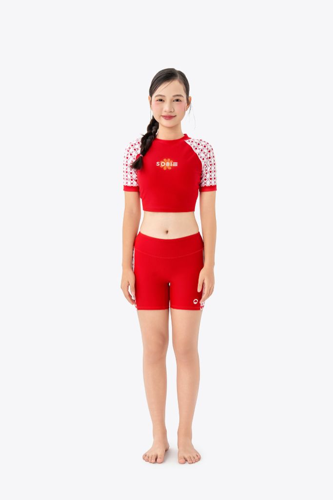 Áo bơi bé gái SOBIE croptop tay ngắn Sibling Ruby, ảnh 2
