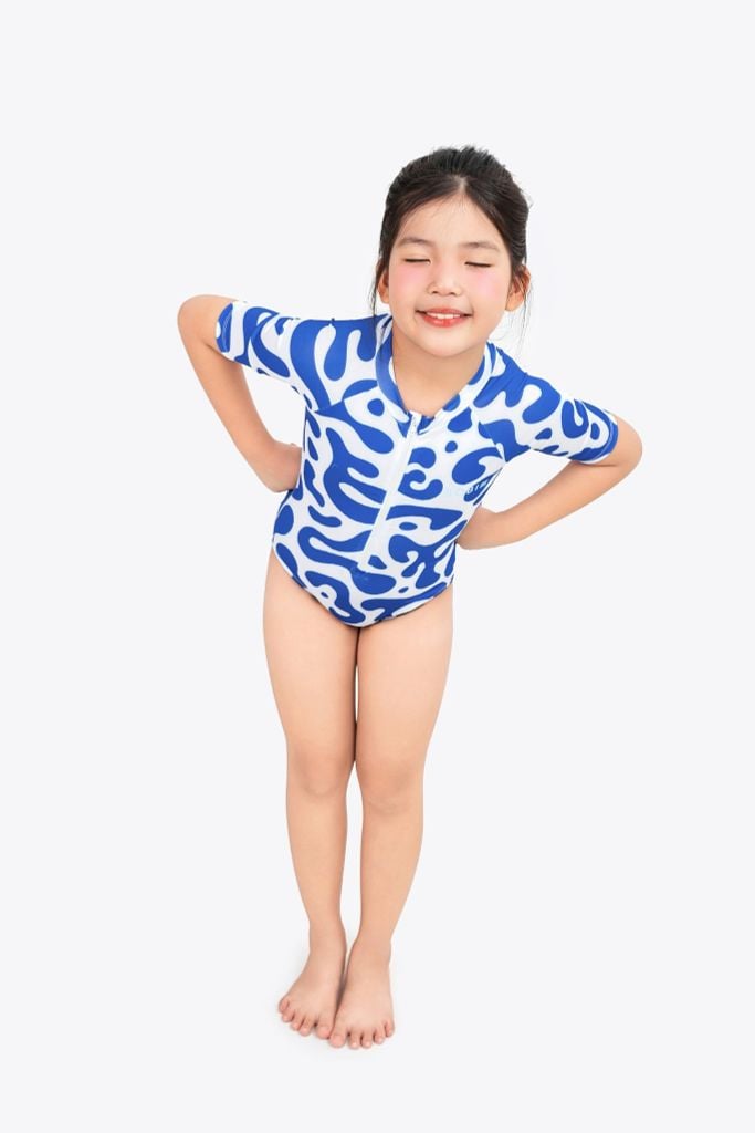 Đồ bơi trẻ em liền thân bé gái tay ngắn Sóng Lượn Xanh — 2