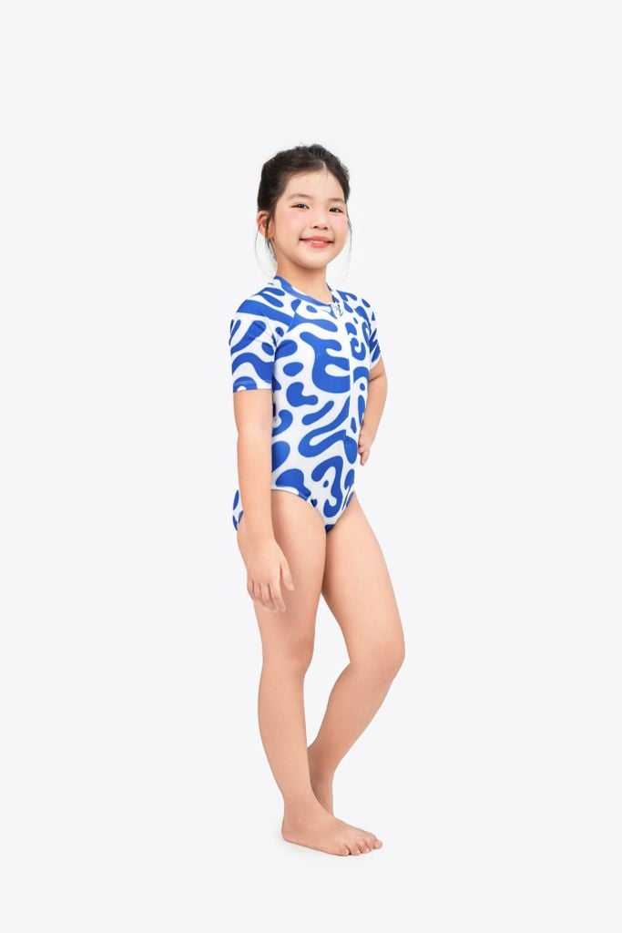 Đồ bơi trẻ em liền thân bé gái tay ngắn Sóng Lượn Xanh — 4