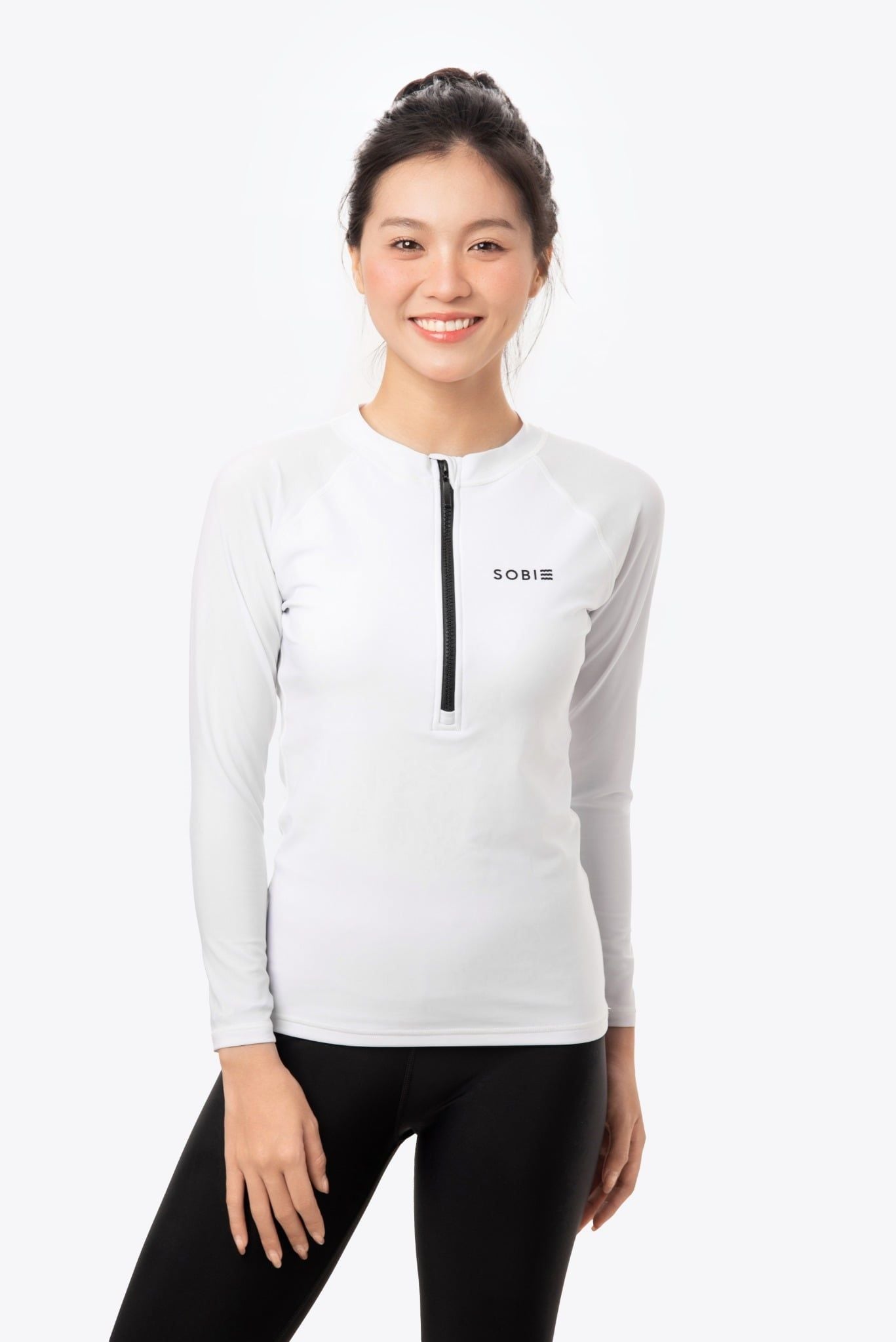 Áo bơi nữ tay dài chống nắng khoá kéo White On