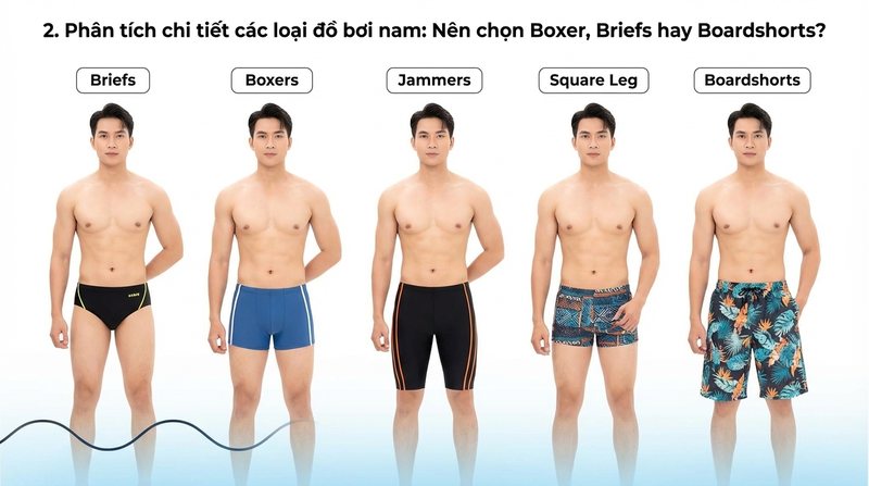 2. Phân tích chi tiết các loại đồ bơi nam: Nên chọn Boxer, Briefs hay Boardshorts?