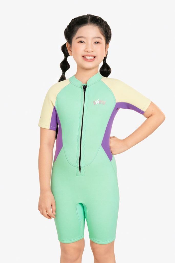 Wetsuit KID bé gái SOBIE liền thân tay ngắn giữ nhiệt màu xanh Warmy Mint