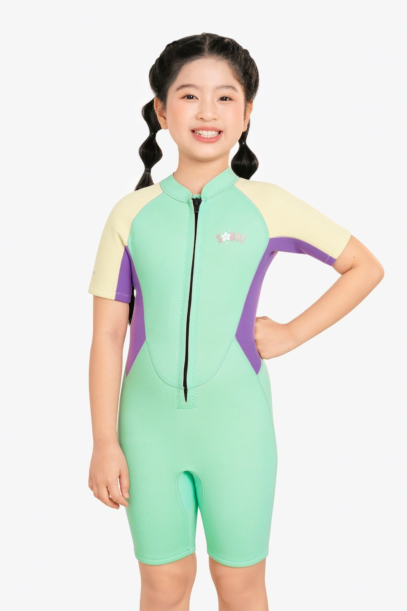 Wetsuit bé gái SOBIE liền thân tay ngắn giữ nhiệt màu xanh Warmy Mint