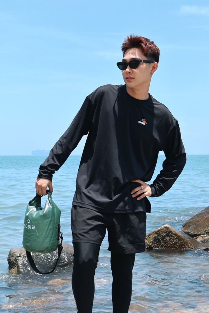 Áo tay dài đi biển Rashguard Loose Summer Black, ảnh 3