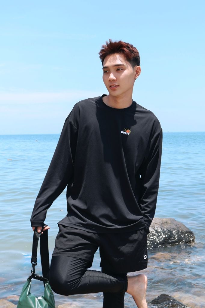 Áo tay dài đi biển Rashguard Loose Summer Black, ảnh 4