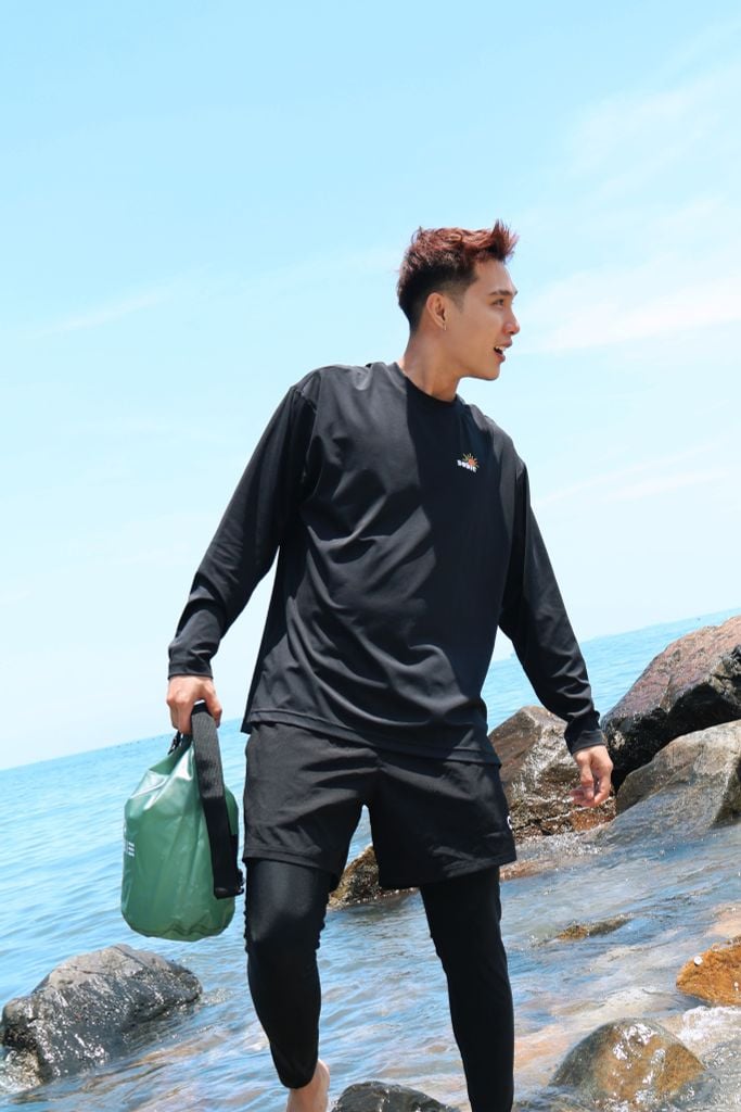 Áo tay dài đi biển Rashguard Loose Summer Black, ảnh 5
