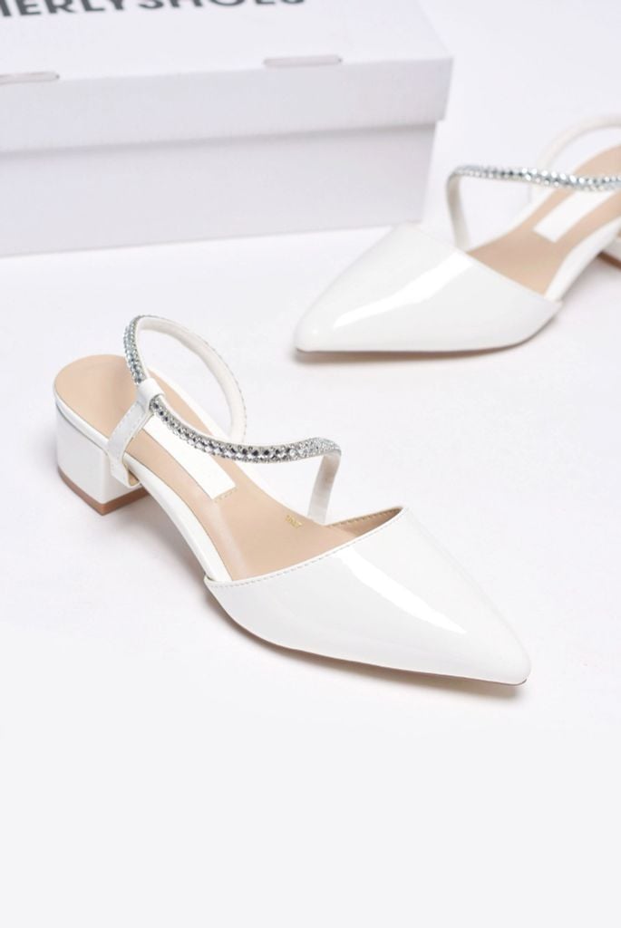 [Best Seller] Giày Cao Gót Đế Vuông 3cm Dây Đính Đá Merly 1047 Trắng Bóng, Sandal Quai Hậu Bít Mũi, Giày Công Sở Nữ, Giày Cao Gót Bigsize, Slingback, Giày Cưới, Cao Gót Mũi Nhọn