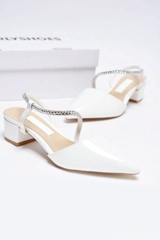 Giày Cao Gót Đế Vuông 3cm Dây Đính Đá Merly 1047 Trắng Bóng, Sandal Quai Hậu Bít Mũi, Giày Công Sở Nữ, Giày Cao Gót Bigsize, Slingback, Giày Cưới, Cao Gót Mũi Nhọn