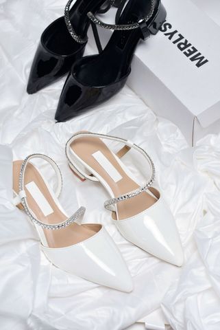 Giày Cao Gót Đế Vuông 3cm Dây Đính Đá Merly 1047 Trắng Bóng, Sandal Quai Hậu Bít Mũi, Giày Công Sở Nữ, Giày Cao Gót Bigsize, Slingback, Giày Cưới, Cao Gót Mũi Nhọn