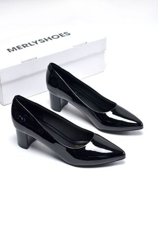 [Restock Fullsize 35-43] Giày Công Sở Nữ Êm Chân Thương Hiệu Merly 1069 Đen Bóng, Giày Cao Gót Đế Vuông 5cm, Giày Big Size Nữ, Giày Cao Gót Đen Mũi Nhọn, Giày Bít Mũi Nữ
