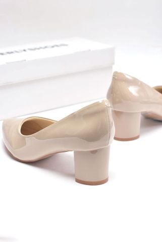 [Restock Fullsize 35-43] Giày Công Sở Nữ Đế Vuông 5cm Kem Nude Bóng, Giày Cao Gót Mũi Nhọn, Giày Cao Gót Nude, Giày Da Nữ Công Sở, Giày Big Size Nữ, Thương Hiệu Merly 1069