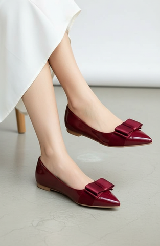 Giày Búp Bê Đỏ Cherry Mũi Nhọn Nơ Lớn Merly 1127