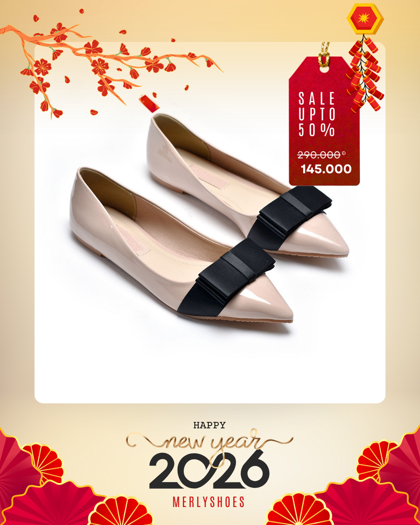 [xả kho] Giày Búp Bê Mũi Nhọn Nơ Lớn, Giày Búp Bê Nơ, Giày Bít Mũi Nữ, Giày Búp Bê Big Size, Giày Bệt Nữ Mũi Nhọn, Giày Công Sở Nữ Êm Chân Merly 1127 Kem Bóng