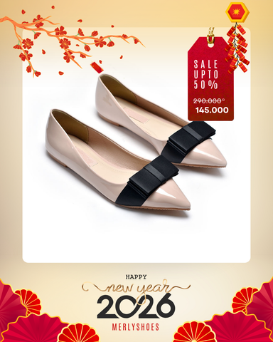 [xả kho] Giày Búp Bê Mũi Nhọn Nơ Lớn, Giày Búp Bê Nơ, Giày Bít Mũi Nữ, Giày Búp Bê Big Size, Giày Bệt Nữ Mũi Nhọn, Giày Công Sở Nữ Êm Chân Merly 1127 Kem Bóng