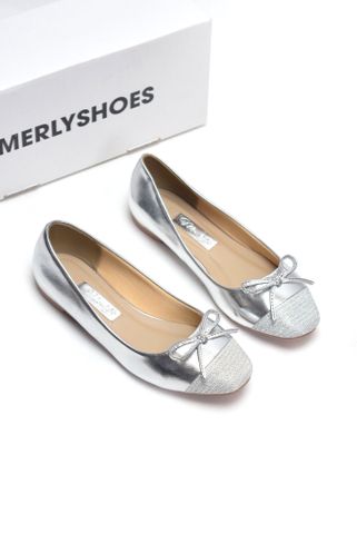 [Best Seller] Giày Búp Bê Nữ Bạc Lấp Lánh Mũi Vuông Nơ Merly 1202 Bigsize 35-43, Giày Bệt Nữ, Giày Bít Mũi, Giày Búp Bê Blingbling