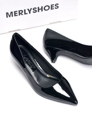 Giày Cao Gót 3cm Màu Đen Thương Hiệu Merly 1268 Đen Bóng, Giày Búp Bê Cao Gót, Giày Công Sở Nữ, Cao Gót Mũi Nhọn, Đế Nhọn, Bít Mũi, Giày Nữ Big Size 35 đến 43