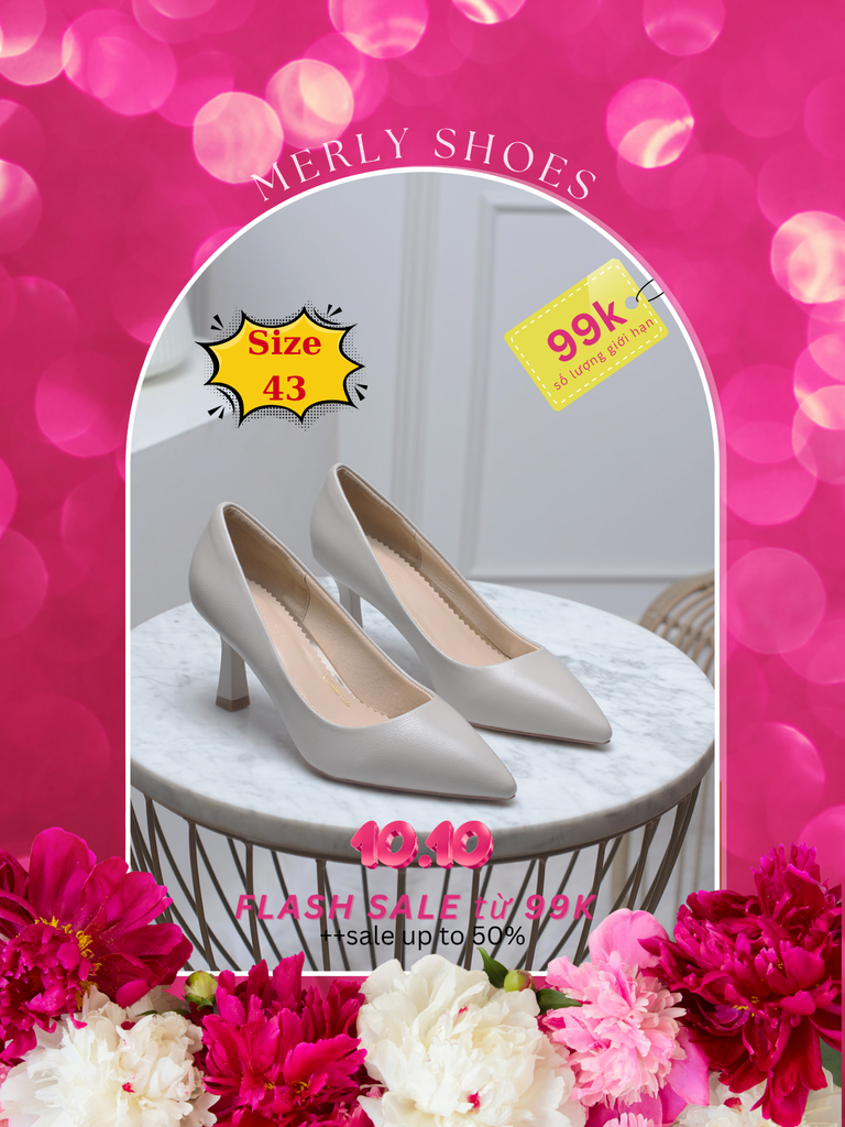 Giày Cao Gót 7cm Mũi Nhọn Màu Ghi, Giày Cao Gót Big Size 35-43, Giày Cao Gót Đế Nhọn, Giày Công Sở Nữ, Giày Bít Mũi, Giày Da Nữ Cao Cấp Microfiber Thương Hiệu Merly 1386 Kem Ghi