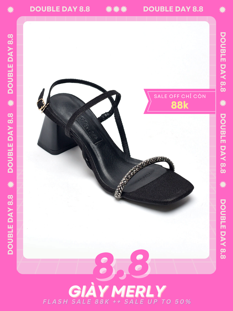Giày Đi Tiệc Sandals Dây Đính Đá Cao Gót Đế Vuông 5cm - 6cm Đen Vải Bố Merly 1404, Xăng Đan Cao Gót Nữ, Xăng Đan Đi Tiệc, Giày Cao Gót Big Size Nữ