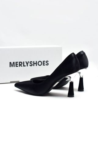 Giày Cao Gót Bít Mũi Nhọn 7cm Đen Da Micro Mềm Mát Merly 1476, Giày Đi Tiệc Nhẹ, Giày Nữ Big Size, Giày Cao Gót Big Size, Giày Công Sở Nữ