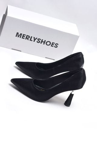 Giày Cao Gót Bít Mũi Nhọn 7cm Đen Da Micro Mềm Mát Merly 1476, Giày Đi Tiệc Nhẹ, Giày Nữ Big Size, Giày Cao Gót Big Size, Giày Công Sở Nữ