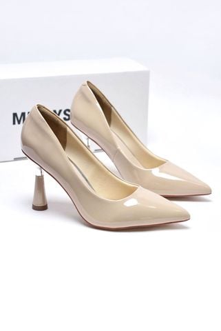 Giày Cao Gót Nude Mũi Nhọn Da Bóng Gót 7cm Mạ Bạc Merly 1476, Giày Cao Gót Big Size 35-43