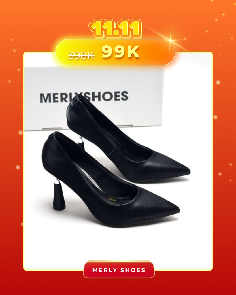 Giày Cao Gót Bít Mũi Nhọn 7cm Đen Da Micro Mềm Mát Merly 1476, Giày Đi Tiệc Nhẹ, Giày Nữ Big Size, Giày Cao Gót Big Size, Giày Công Sở Nữ