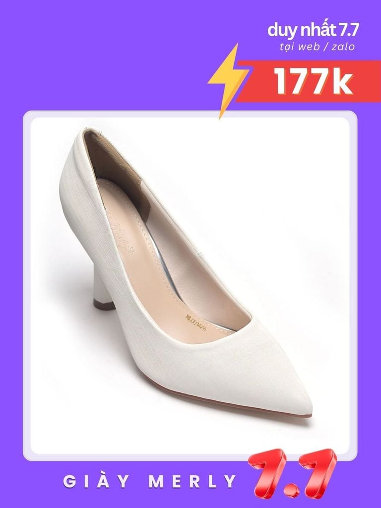 Giày Cao Gót Trắng Mũi Nhọn 7cm, Giày Cao Gót Đi Tiệc, Giày Cưới Cô Dâu Sang Trọng Merly 1476 Trắng Vân Xước, Giày Cao Gót Big Size
