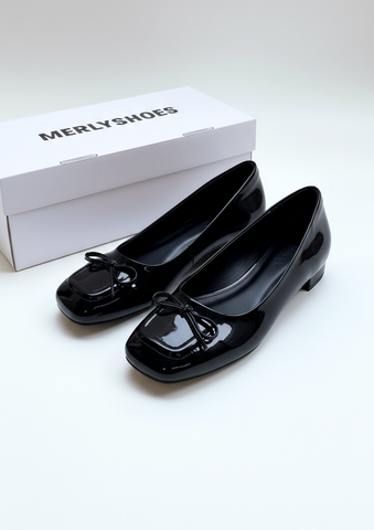 Giày Búp Bê Đen Mũi Vuông Nơ Merly 1482 Đen Bóng Phong Cách Tiểu Thư