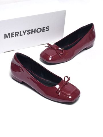 [New Color] Giày Búp Bê Đỏ Mũi Vuông Nơ Merly 1482 Đỏ Cherry Phong Cách Tiểu Thư, Giày Bít Mũi Nữ, Giày Công Sở Nữ, Giày Bệt Big Size, Giày Búp Bê Bigsize