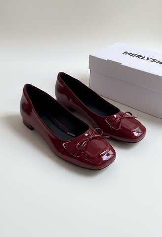 [New Color] Giày Búp Bê Đỏ Mũi Vuông Nơ Merly 1482 Đỏ Cherry Phong Cách Tiểu Thư, Giày Bít Mũi Nữ, Giày Công Sở Nữ, Giày Bệt Big Size, Giày Búp Bê Bigsize