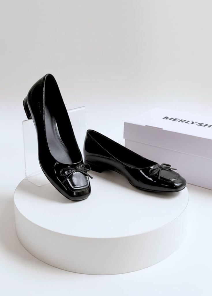 [New Color] Giày Búp Bê Đen Mũi Vuông Nơ Merly 1482 Đen Bóng Phong Cách Tiểu Thư, Giày Bít Mũi Nữ, Giày Công Sở Nữ, Giày Bệt Big Size, Giày Búp Bê Bigsize