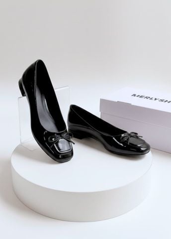 [New Color] Giày Búp Bê Đen Mũi Vuông Nơ Merly 1482 Đen Bóng Phong Cách Tiểu Thư, Giày Bít Mũi Nữ, Giày Công Sở Nữ, Giày Bệt Big Size, Giày Búp Bê Bigsize