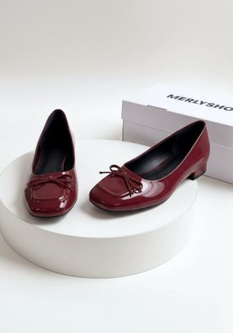 [New Color] Giày Búp Bê Đỏ Mũi Vuông Nơ Merly 1482 Đỏ Cherry Phong Cách Tiểu Thư, Giày Bít Mũi Nữ, Giày Công Sở Nữ, Giày Bệt Big Size, Giày Búp Bê Bigsize