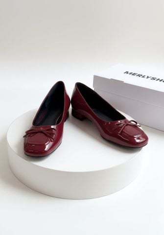 [New Color] Giày Búp Bê Đỏ Mũi Vuông Nơ Merly 1482 Đỏ Cherry Phong Cách Tiểu Thư, Giày Bít Mũi Nữ, Giày Công Sở Nữ, Giày Bệt Big Size, Giày Búp Bê Bigsize