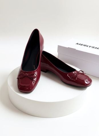 [New Color] Giày Búp Bê Đỏ Mũi Vuông Nơ Merly 1482 Đỏ Cherry Phong Cách Tiểu Thư, Giày Bít Mũi Nữ, Giày Công Sở Nữ, Giày Bệt Big Size, Giày Búp Bê Bigsize