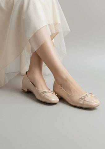 Giày Búp Bê Kem Nude Bóng Mũi Vuông Nơ Merly 1482