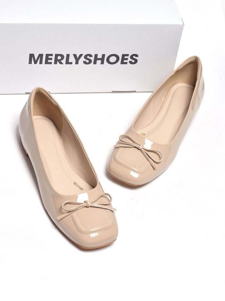 [New Color] Giày Búp Bê Kem Nude Bóng Mũi Vuông Nơ Merly 1482 Phong Cách Tiểu Thư, Giày Bít Mũi Nữ, Giày Công Sở Nữ, Giày Bệt Big Size, Giày Búp Bê Bigsize