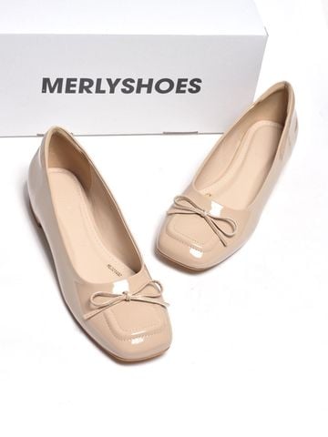 [New Color] Giày Búp Bê Kem Nude Bóng Mũi Vuông Nơ Merly 1482 Phong Cách Tiểu Thư, Giày Bít Mũi Nữ, Giày Công Sở Nữ, Giày Bệt Big Size, Giày Búp Bê Bigsize